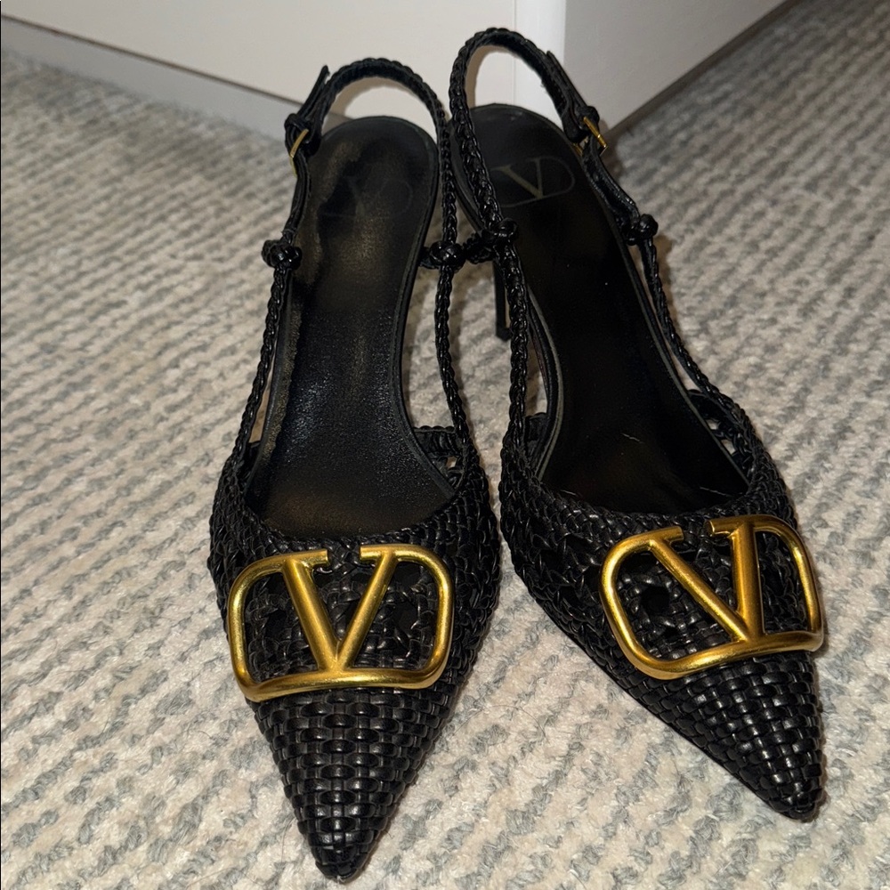 Valentino Black Woven Pointed Toe Slingback Heels with Gold V Logo